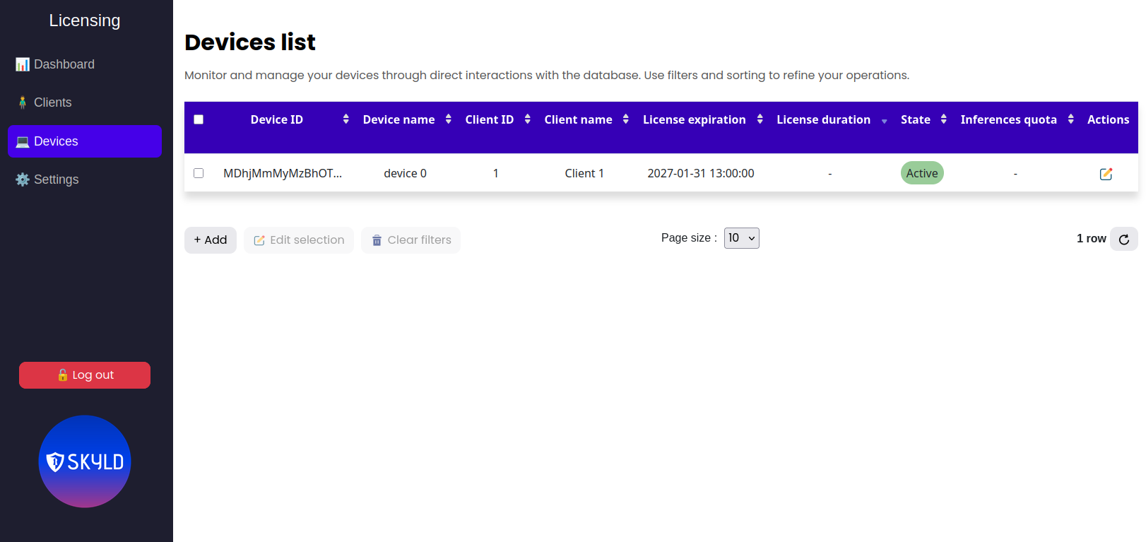 Licensing server overview. Screenshot of the licensing server.